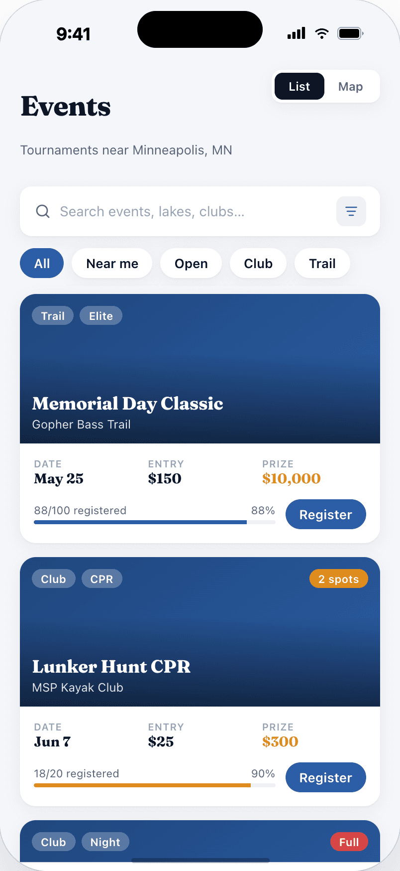 The events list showing nearby tournaments with dates and open spots