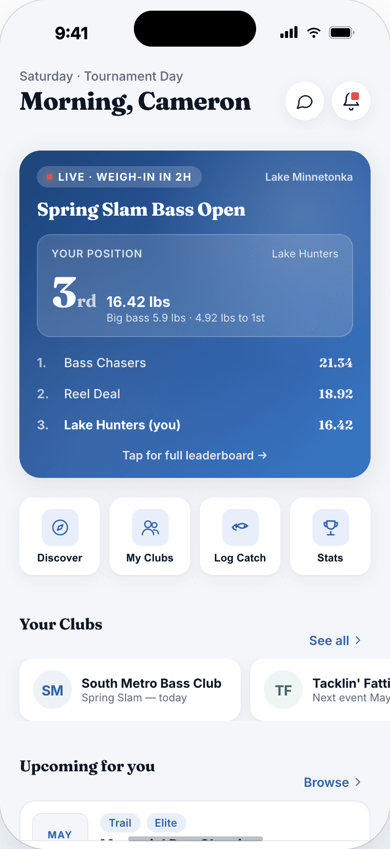 The Bluegill angler home screen, showing a live tournament and leaderboard position
