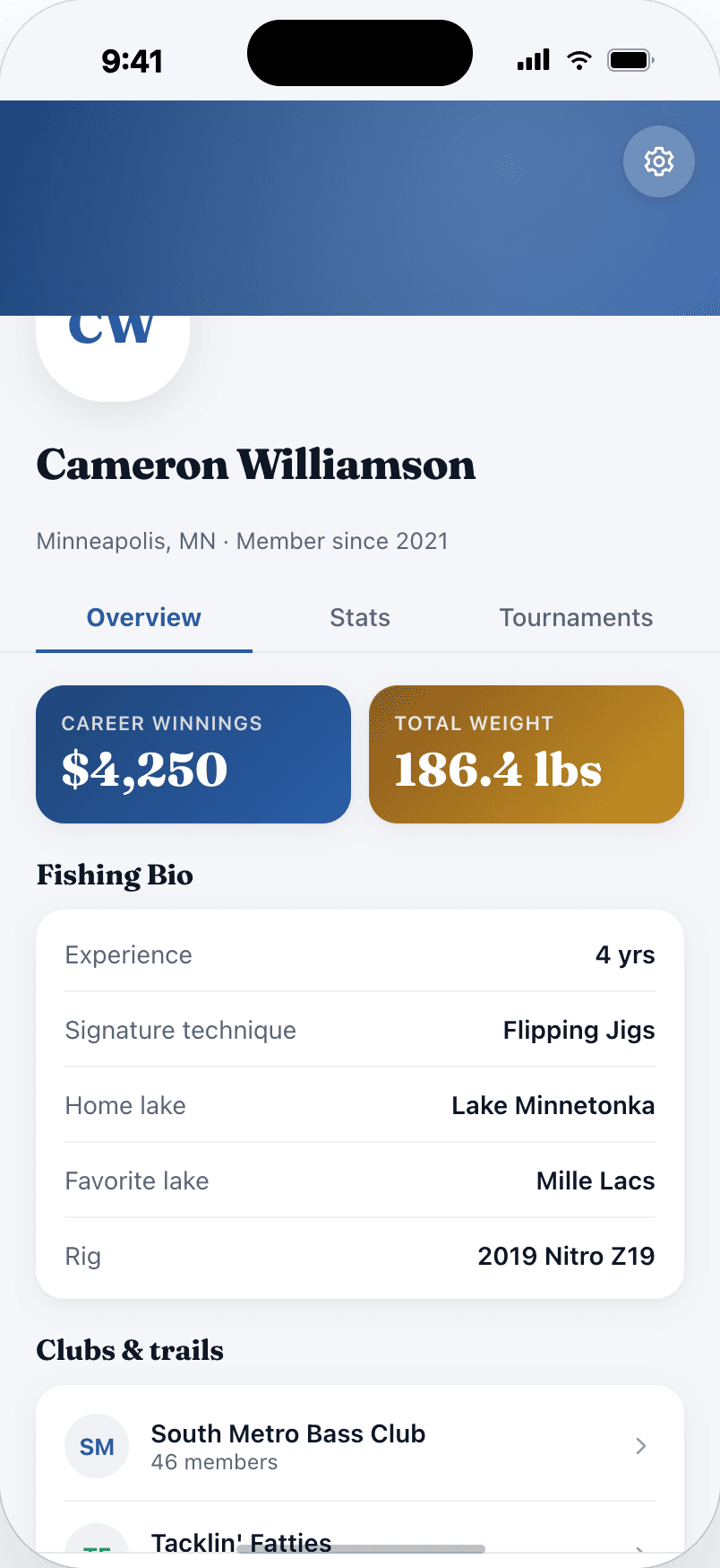 An angler profile showing career stats and tournament history