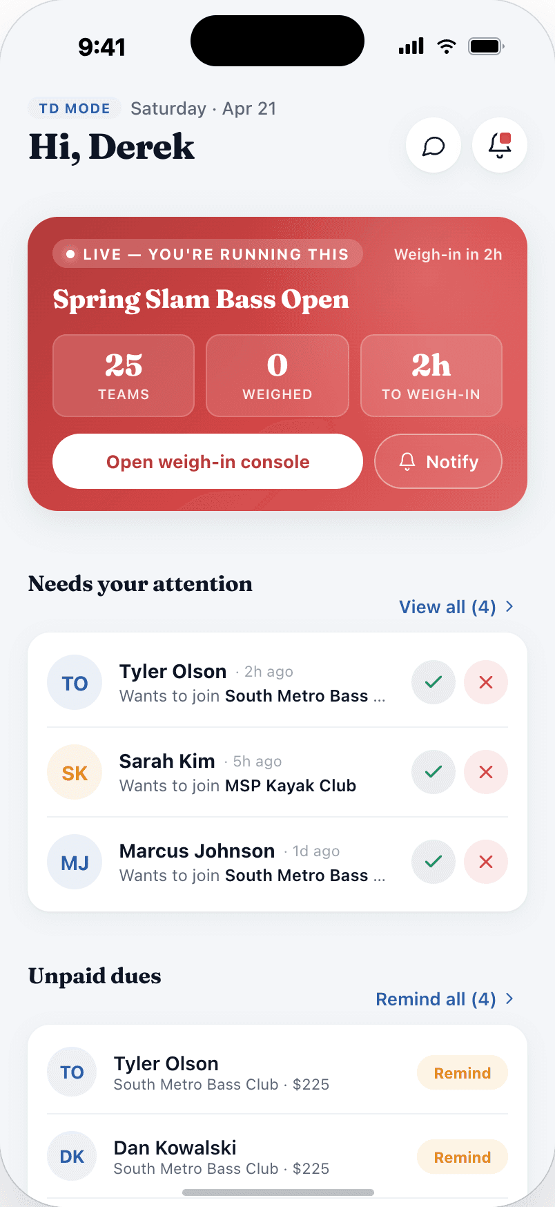A director dashboard showing pending approvals and unpaid dues