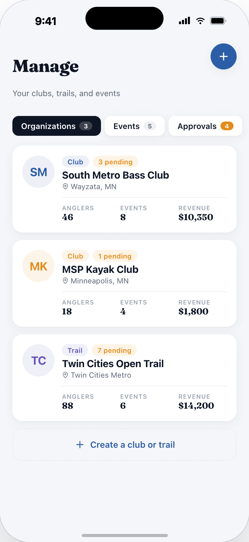 The manage hub listing the clubs and trails a director runs