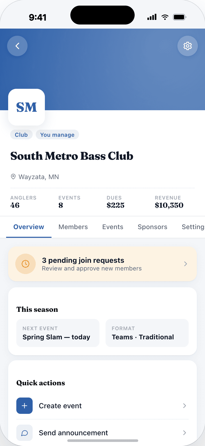 A club management screen showing season points and standings