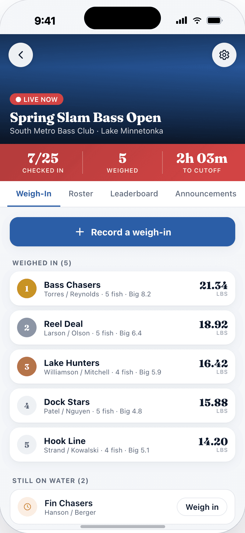 A tournament director entering bag weights on the live weigh-in screen